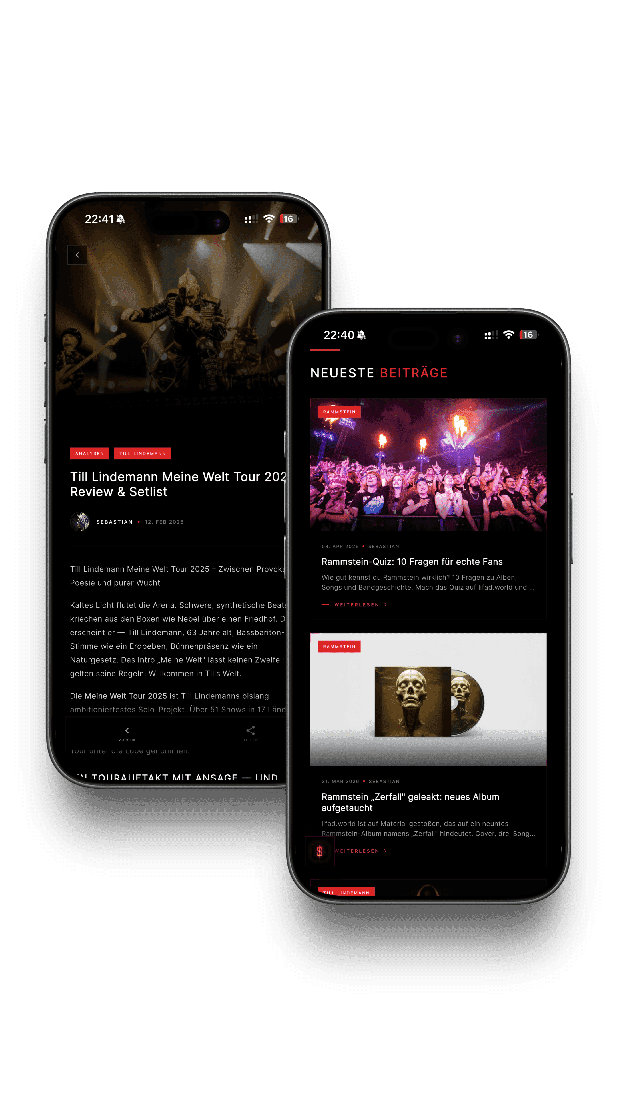 App-Screenshot: News-Feed mit Reviews und Konzert-Ankündigungen