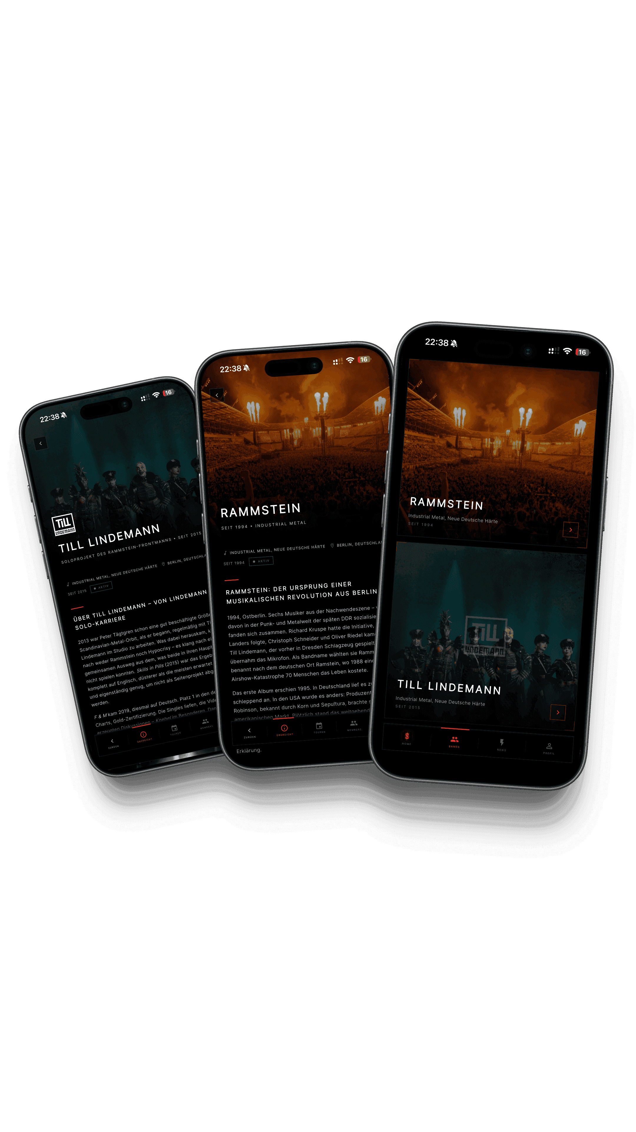 App-Screenshot: Band-Profil von Rammstein und Till Lindemann mit Bio und Fotos