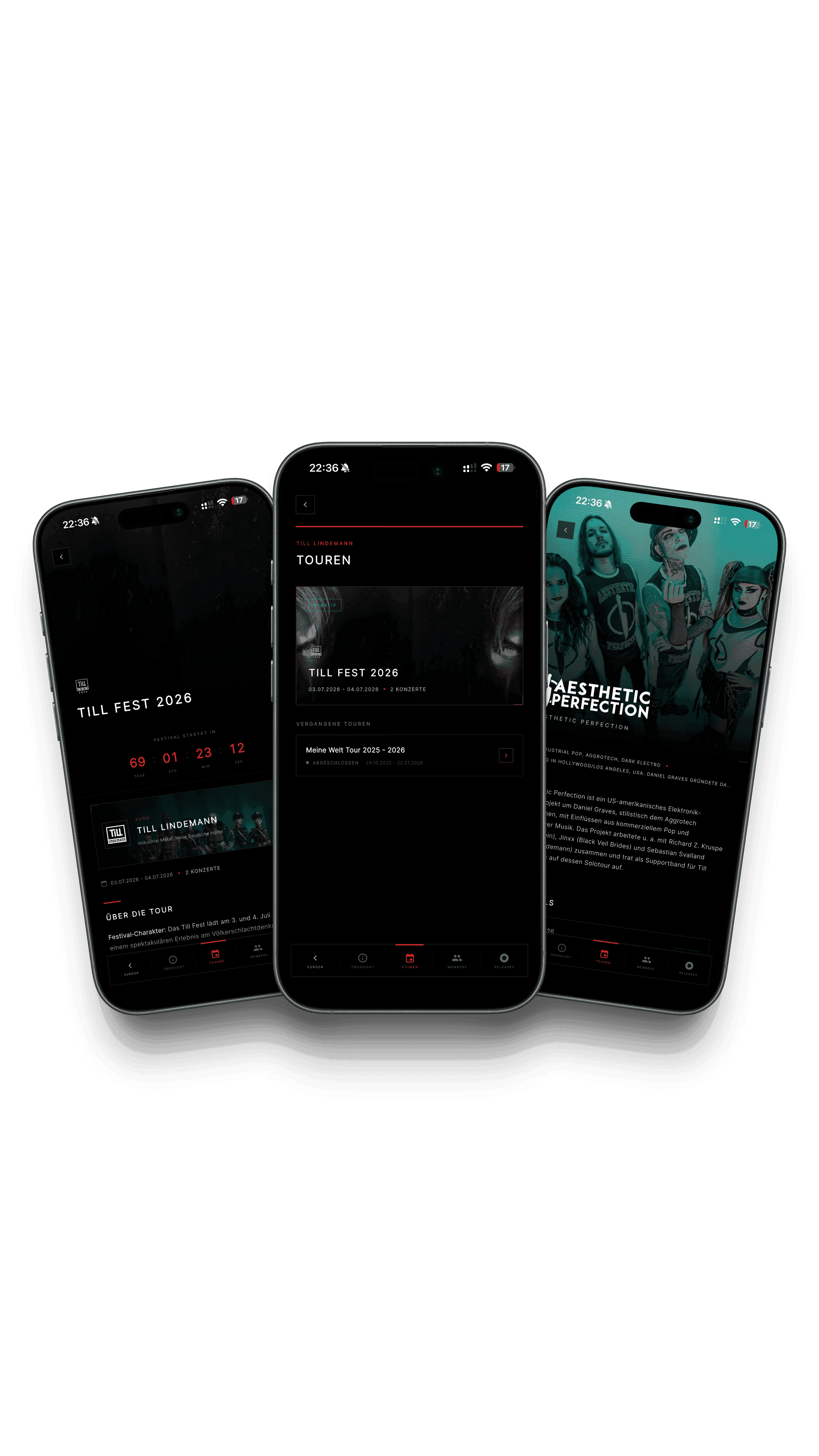 App-Screenshot: Tour-Übersicht mit Till Fest 2026, Countdown und vergangenen Touren